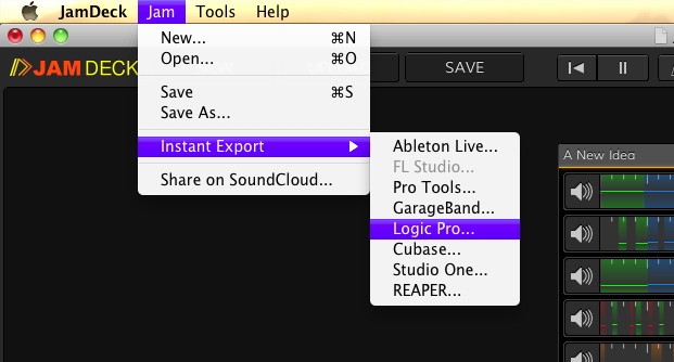 The Instant Export menu in JamDeck.